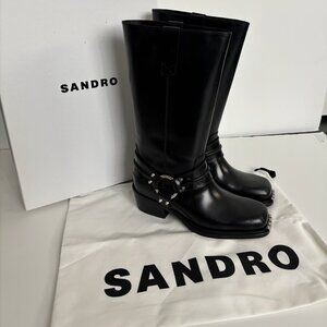 Sandro black cowboy leather boots with leather harness 39 women's New